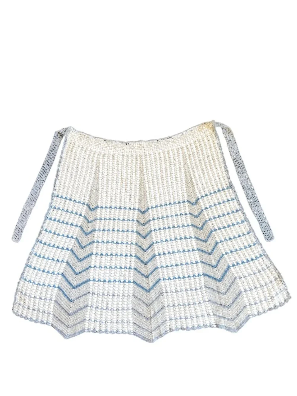 Vintage Hand-Crocheted Crochet Half Apron Blue & White Chevron Pattern